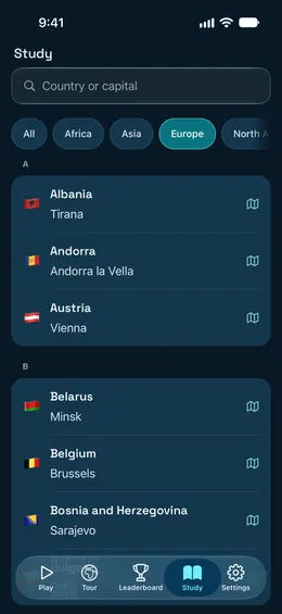 Study list of European countries and capitals