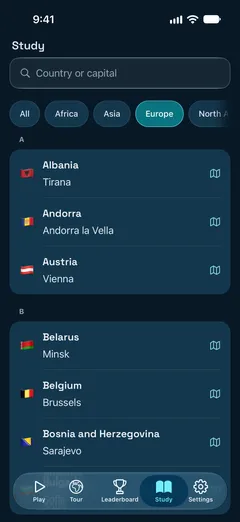 Study mode listing countries and capitals in World Capital Cities